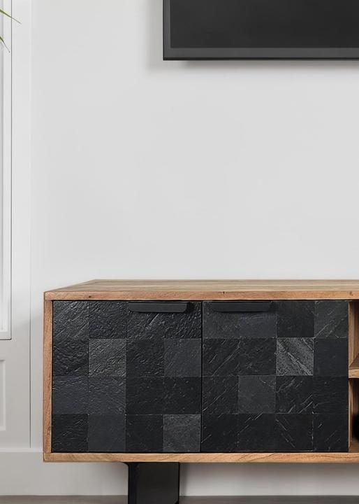 FineBuy Lowboard TV Board Akazie Massivholz 150 cm mit Steinoptik Fronten Gross (150 x 45 x 35 cm)