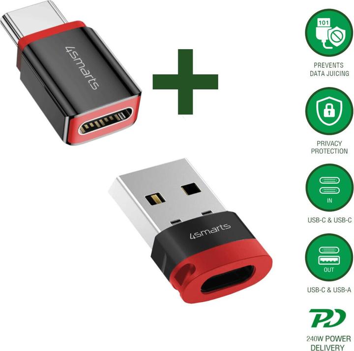 Produktbild 4smarts USB-C auf USB-A / USB-C Datenblocker Adapter, 2er Set, schwarz (USB 3.2 Gen 2, 240 W)