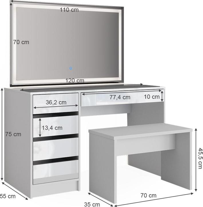 Produktbild Vicco Sherry mit LED-Spiegel und Bank (120 x 55 x 75 cm)