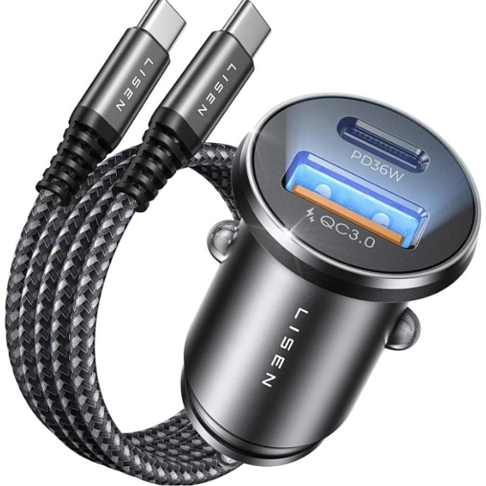 Lisen - Car Charger (YL0223080047) - with Type-C Armor Cable, USB, Type-C, 60W, 12V=24V - Black, Adattatore per auto, Nero