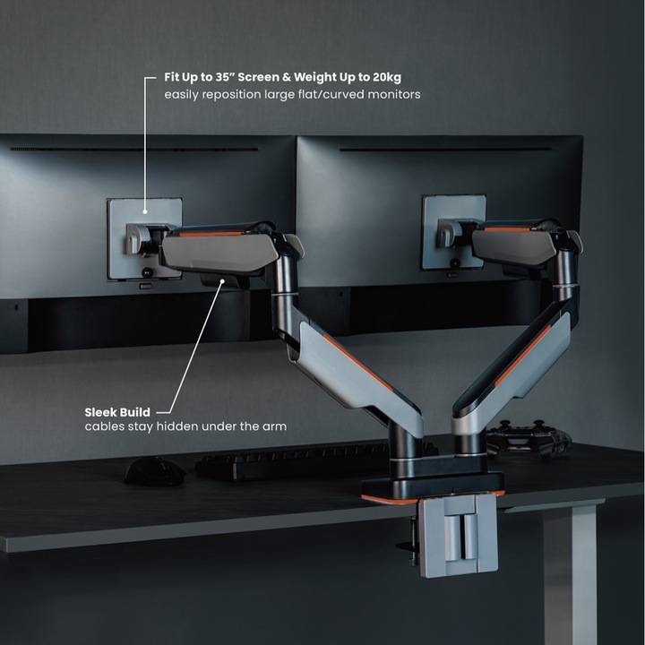 Produktbild Roline LCD-Doppelarm, Tischmontage, Gasfeder, je 5 Gelenke, max. 20 kg (Tisch, 35")