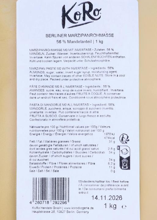 Actual product image KoRo Marzipan paste M0 with invertase (1000 g)