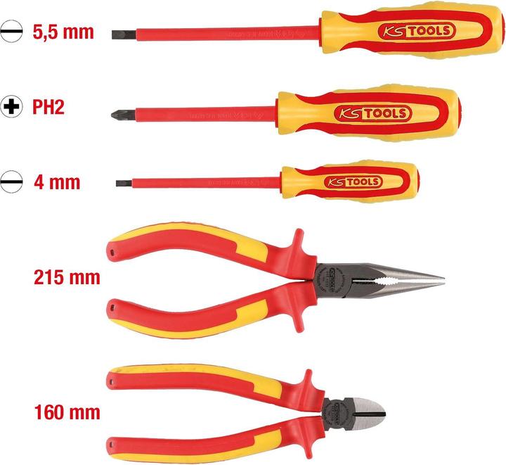 Produktbild KS Tools ERGOTORQUE VDE Zangen- und Schraubendreher-Satz, 5-tlg. Variante 1 (Phillipps-Kreuzschlitz (PH), Schlitz)