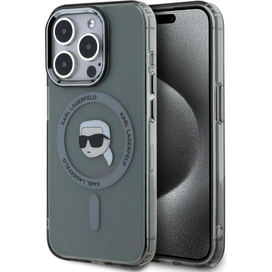 Karl Lagerfeld IML Karl Head Metal Frame MagSafe Case for iPhone 15 Pro Black (Apple iPhone 15 Pro), Smartphone Hülle, S...