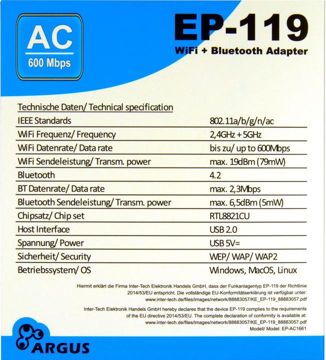 Nährwerte und Zutaten Intertech Inter-Tech Wi-Fi 5 USB Adapter Argus EP-119, Bluetooth 4.2 (USB 2.0)