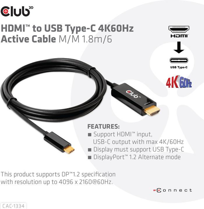 Actual product image Club 3D HDMI (Type A) - USB Type C (1.80 m)