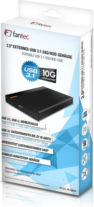 Produktbild Fantec PL-25U31 6,35cm 2,5Zoll SATA SSD Festplattengehäuse USB-C USB 3.1 10G-Technology (2.5")