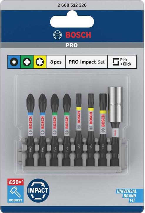 Produktbild Bosch Professional Zubehör Schrauberbit Impact Control Power Bit Pack, 8-tlg. T20, T25, T30, 2x PH2, 2x PZ2 (Innensechsrund TX)