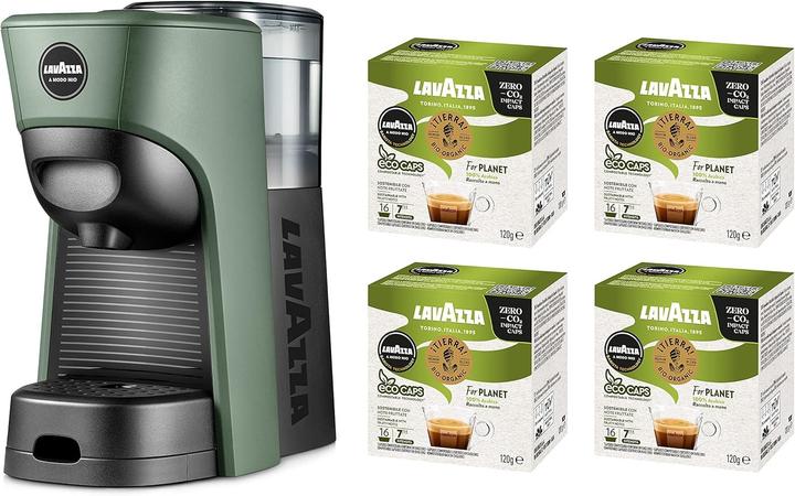 Actual product image Lavazza Tiny Eco Coffee Maker with 64 Sorted Capsules, Recycled Plastic Espresso Machine (Lavazza o modo mio)