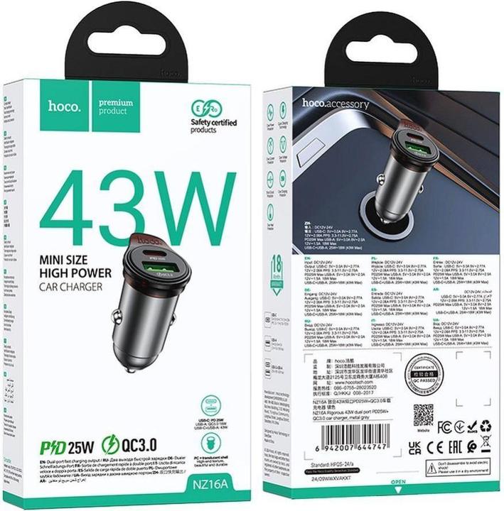 Produktbild Hoco ładowarka samochodowa USB A + Typ C + kabel Typ C do Lightning PD QC3.0 43W NZ16A szara