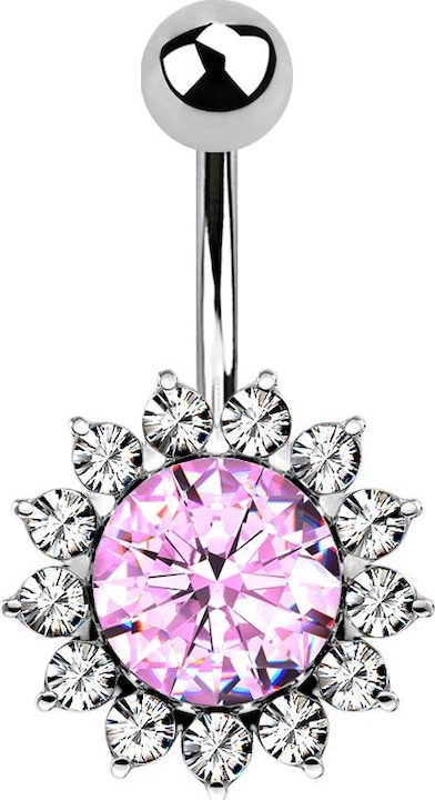 Produktbild Star Piercing Banane silber mit Kugel grosser runder Kristall pink umrandet (Messing, Chirurgenstahl 316L)