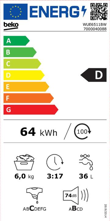 Label énergétique Beko WUE6511BW (6 kg, Gauche)