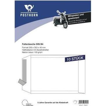 Posthorn, Etiketten, Faltentasche DIN B4 250 x 353 mm (B x H) ohne Fenster 120g/m² mit Haftklebung Papier braun 10 St......
