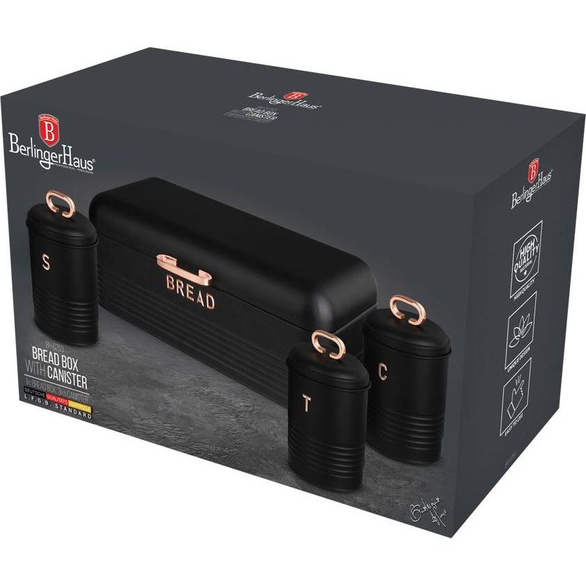 BerlingerHaus Set 4 pezzi per la conservazione della collezione Black Rose, Conservazione del pane, Nero