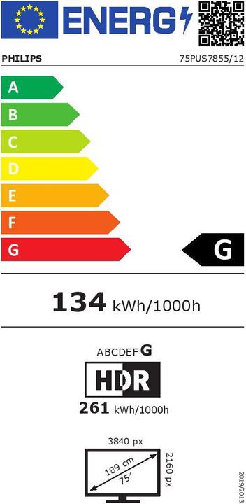 Energie-Label Philips TV 75PUS7855/12 inkl. Soundbar und Subwoofer TAB6405/10 (75", LED, 4K)