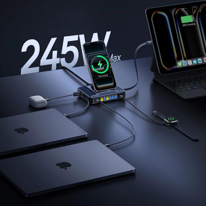 Produktbild Baseus Stacja ładująca Nomos NH21 6w1 245W bezprzewodowa z dwoma zwijanymi kablami USB-C - czarna (245 W, 6 Ports)