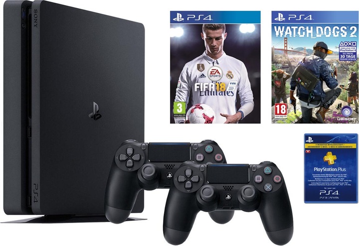 Produktbild Sony PS4 Slim 1TB + Fifa 18 + Watchdogs 2 + 2x DS4