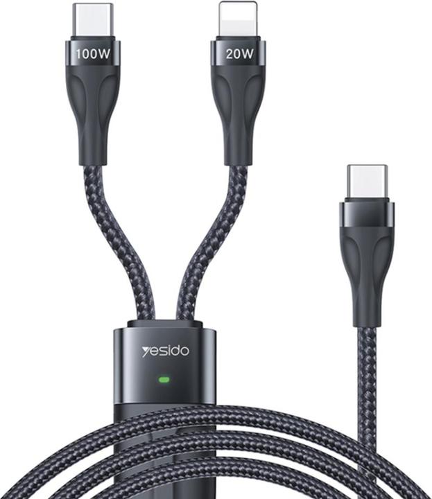 Yesido - Data Cable (CA87) - Type-C to Type-C, Lightning, 100W, 480Mbps, 1.4m - Black (1.40 m, USB 2.0, 100 W)