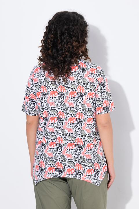 Immagine prodotto Ulla Popken T-shirt dal taglio svasato con animali, orlo a punte, scollo a V e mezze maniche (56)