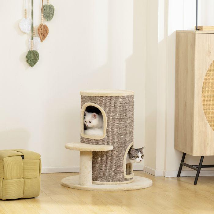 Produktbild Swisshandel24 Katzenfass, 2 Ebenen, Plattform, Aussichtspunkt, Kratzmatte, Beige (61 cm, Beige+Braun)