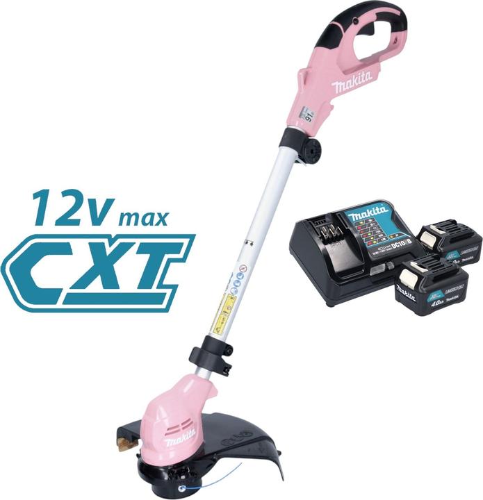 Makita UR 100 DSM2P Akku Rasentrimmer 12 V max. 260 mm pink + 2x Akku 4,0 Ah + Ladegerät (Trimmfaden)