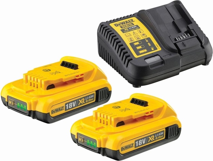 2 batterie Li-Ion DeWalt 18 V, 2.0 Ah, 1 caricatore DeWalt DCB 115