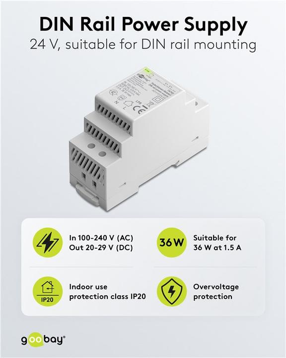 Productafbeelding Goobay Hutschienen-Netzteil DIN-Rail 24 V DC, 1,5 A, 36 W