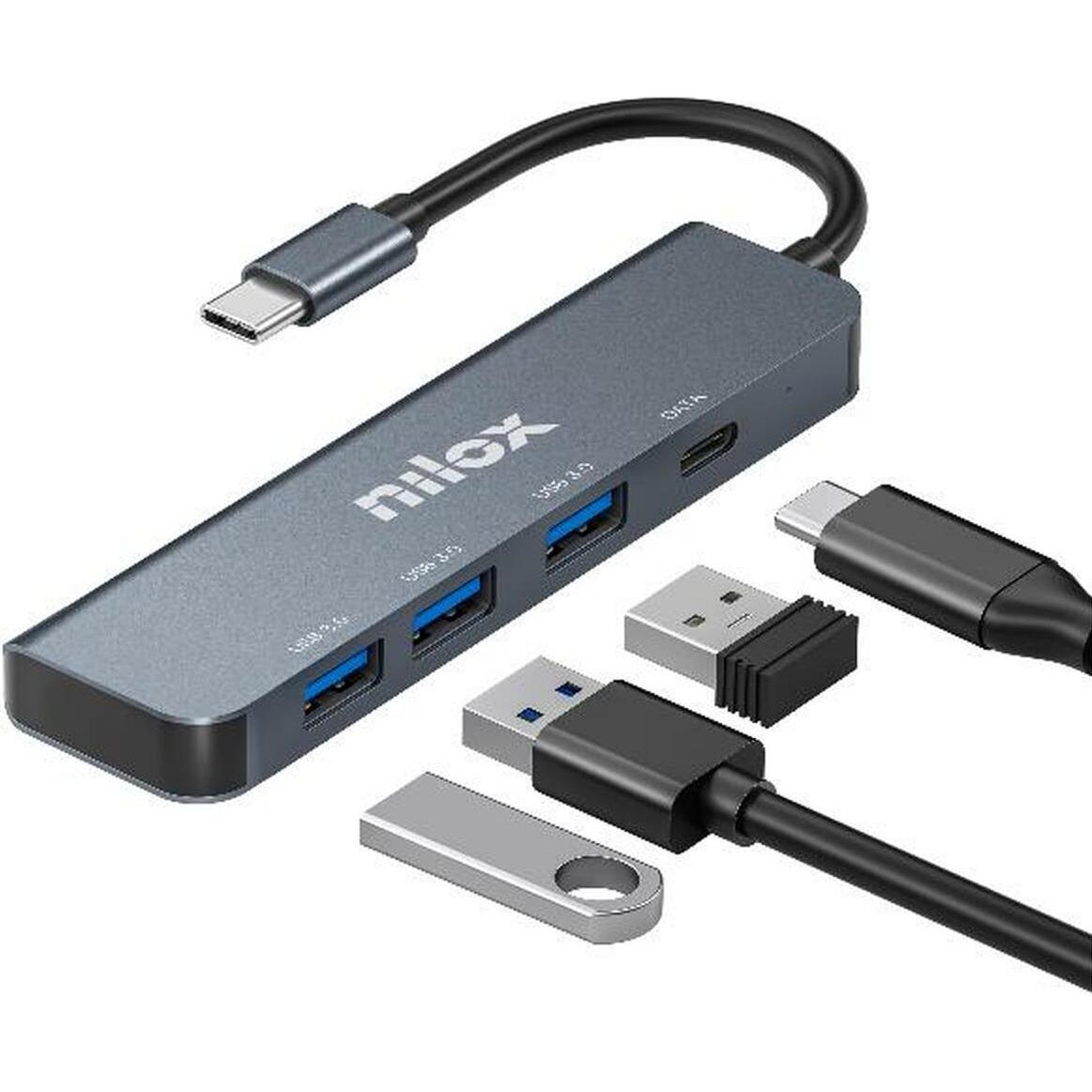 Nilox Usb-Kabel Nxhubusbc04 (USB-C, 4 porte), Docking station + Hub USB, Grigio