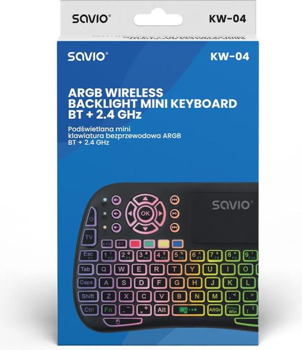 Image du produit Savio KW-04 Clavier rétro-éclairé sans fil RGB BT + 2 4 GHz TV-Box Consoles Smart TV (US, Sans fil)