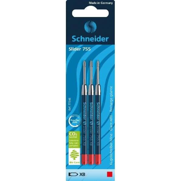 Schneider, Ersatzpatrone, 3 Slider 755 Kugelschreiberminen XB rot (Nachfülleinheit, Rot, 0.70 mm)