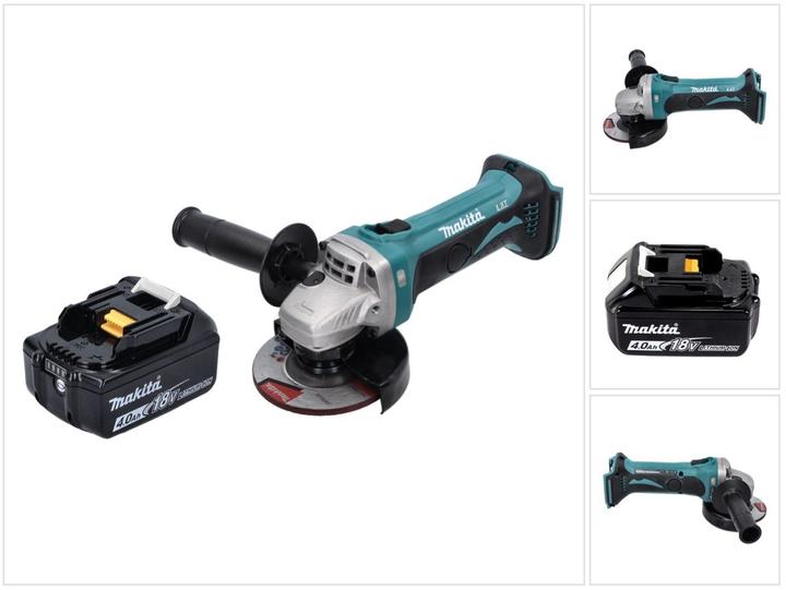 1x Makita DGA 452 Akku Winkelschleifer, 1x Schutzhaube, 1x Seitengriff, 1x Montageschlüssel, 1x Makita BL 1840 B 18 V 4,0 Ah Akku