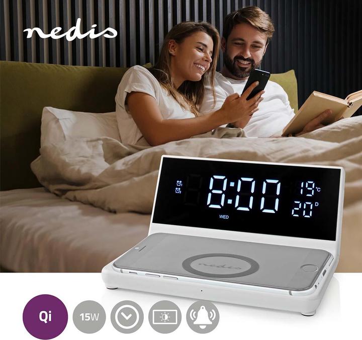 Produktbild Nedis Wecker Kabelloses Ladegreät Qi Zertifiziert 5/7.5/10 / 15 W USB-A Stecker 2 Alarmzeiten Snooze