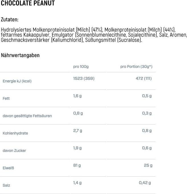 Valeurs nutritives et ingrédients Dymatize ISO 100 (Chocolat, Arachide, 1 pcs, 932 g)