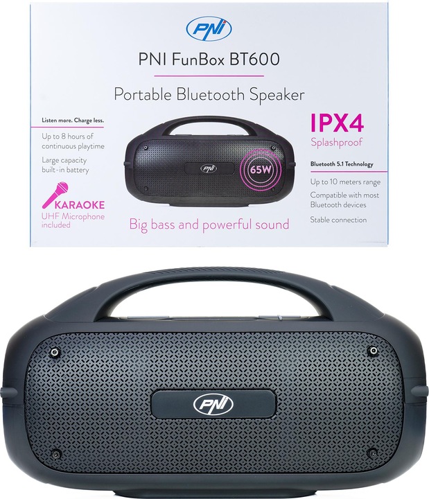 Produktbild PNI Tragbarer Lautsprecher FunBox BT600, mit Bluetooth, 65 W, MP3-Player, Kartenleser, USB, kabellos (8 h, Akkubetrieb)
