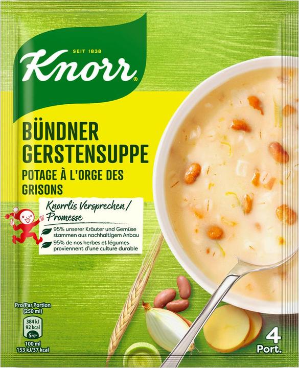 Knorr Potage à l'orge des Grisons en sachet, l'art culinaire suisse, soupe de haricots & de lard épicé