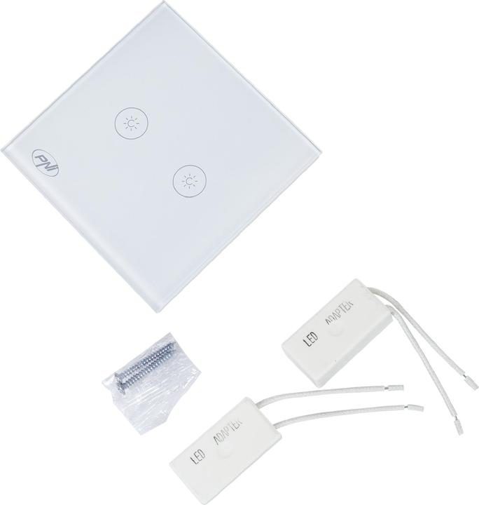 Productafbeelding PNI Dubbele schakelaar met touch en dimmer SafeHome DIM202, 2X700W, Live Wire, zonder nul, glas