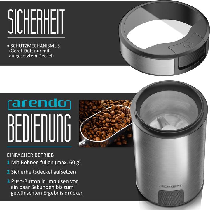 Immagine prodotto Arendo Macinacaffè elettrico in acciaio inox, macinacaffè per spezie, lama in acciaio inox