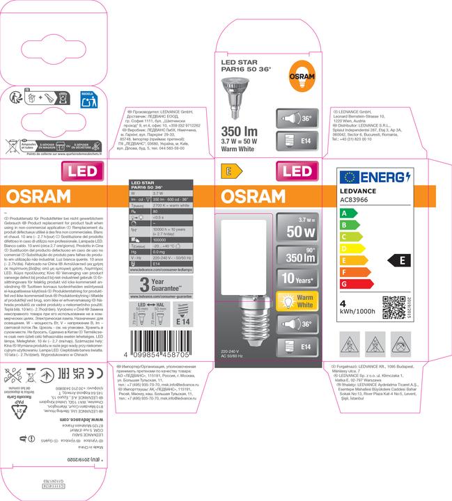 Produktbild Osram LED Leuchtmittel LED STAR PAR16 3.7W 827 E14 Warm weiss 4099854458705 (E14, 3.70 W, 350 lm, 6 x, E)