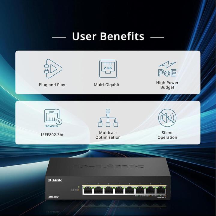 Produktbild D-Link 8 ports 2.5G/MultiGig PoE Unmanaged Switch Metal (8 Ports)