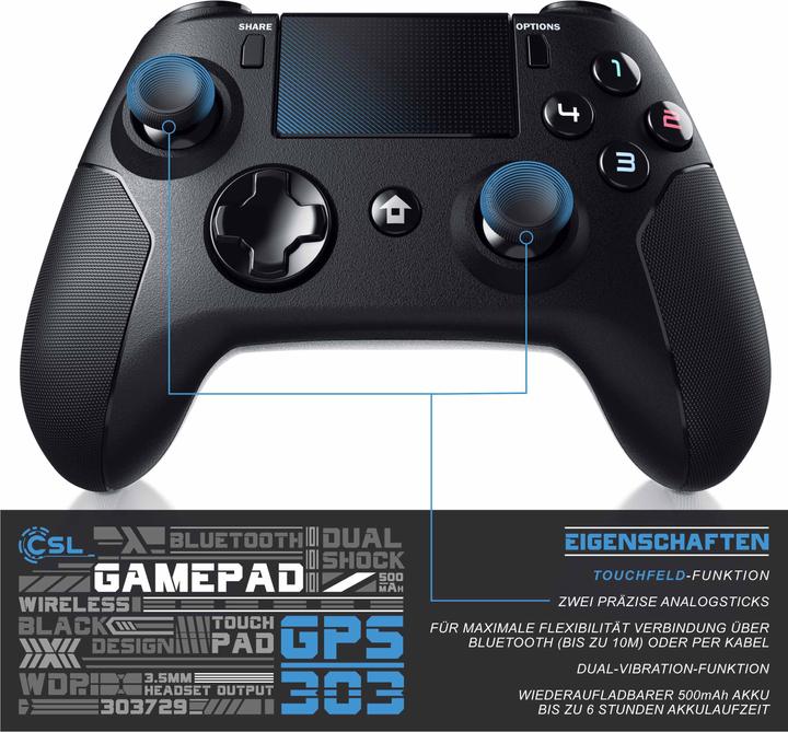 Immagine prodotto CSL Controller PlayStation 4, gamepad Bluetooth per PS4, doppia vibrazione, touchpad, 3,5 mm, sensore (PS4, PC)
