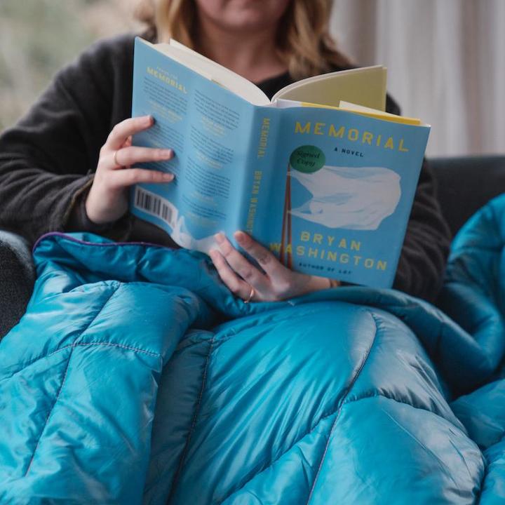 Actual product image Rumpl Travel Blanket Nanoloft Puffy Harbor Blue