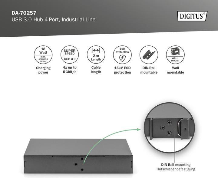 Immagine prodotto Digitus Hub USB 3.0, 4 porte, Industrial Line (USB-B, 4 porte)