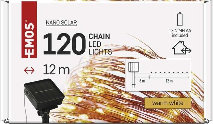 Produktbild Emos LED-Nanokette mit Solarpanel, kupferfarben, 12 m, Aussen und Innen, warm-weiss, Timer (12 m)