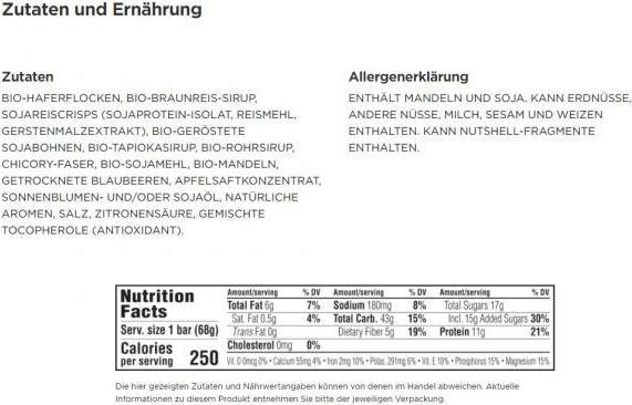 Valori nutrizionali e ingredienti Clif Bar Barretta energetica (Mirtillo, Bacca, 12 pz., 816 g)
