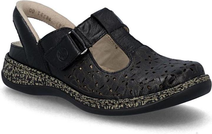 Rieker Women's leather openwork sandals, comfortable, wide, black, 46397-00