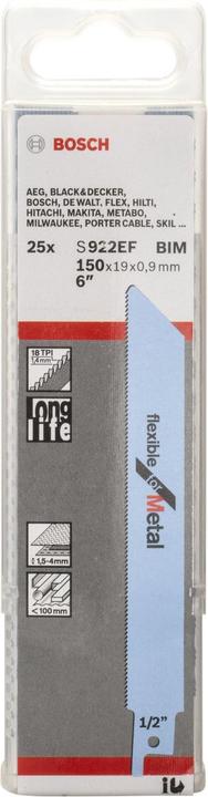 Image du produit Bosch Professional Zubehör Lame de scie sabre S 922 EF, Flexible for Metal, pack de 25