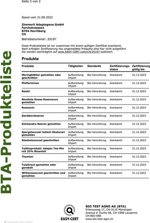 Nährwerte und Zutaten Zimmerli Adaptogene Tulsi Tee (BIO) (100 g)