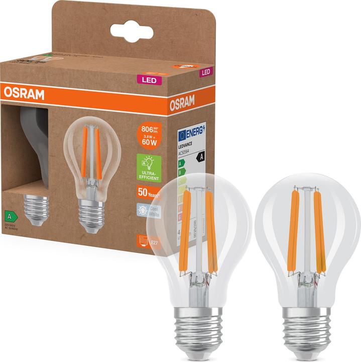 Actual product image Osram LED LAMPS ENERGY CLASS A ENERGY EFFICIENCY FILAMENT CLASSIC A 3.8W 840 Clear E27 (E27, 3.80 W, 806 lm, 6 x, A)