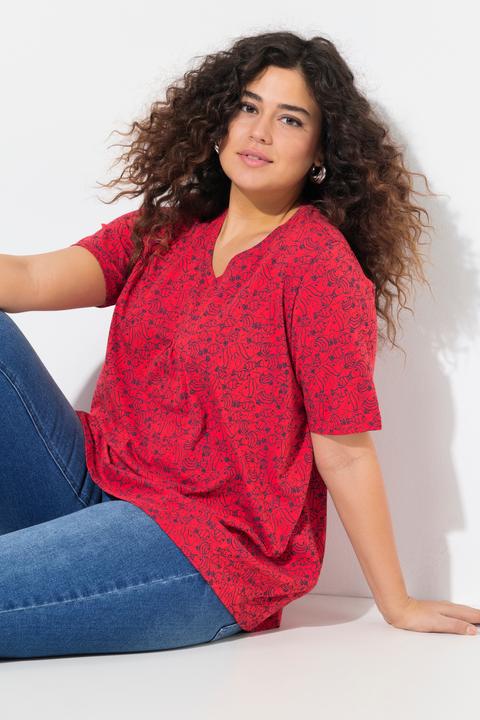 Produktbild Ulla Popken T-Shirt, Fische, Zierfalten, V-Ausschnitt, Halbarm (56)