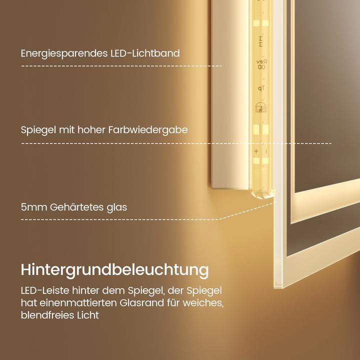 Produktbild Emke Badspiegel mit Beleuchtung 80*60cm, Warmweiss3000K, Dimmbar, Wand Schalter (80 x 60 cm)